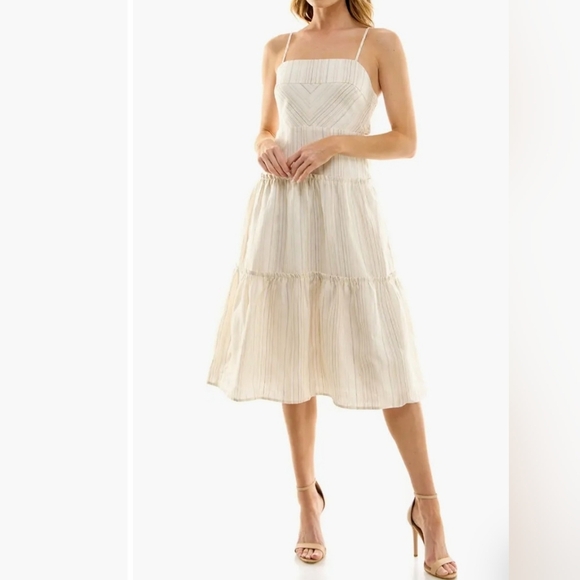 Storia Dresses & Skirts - Storia Beige Striped 100% Linen Tiered Strappy Back Boho Sun Dress Sz M